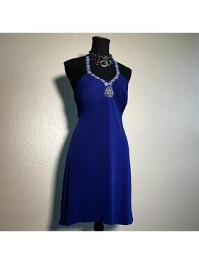Y2K Royal Blue Halter Dress Rhinestone Detail Ruched Bust Flowy Mini Dress